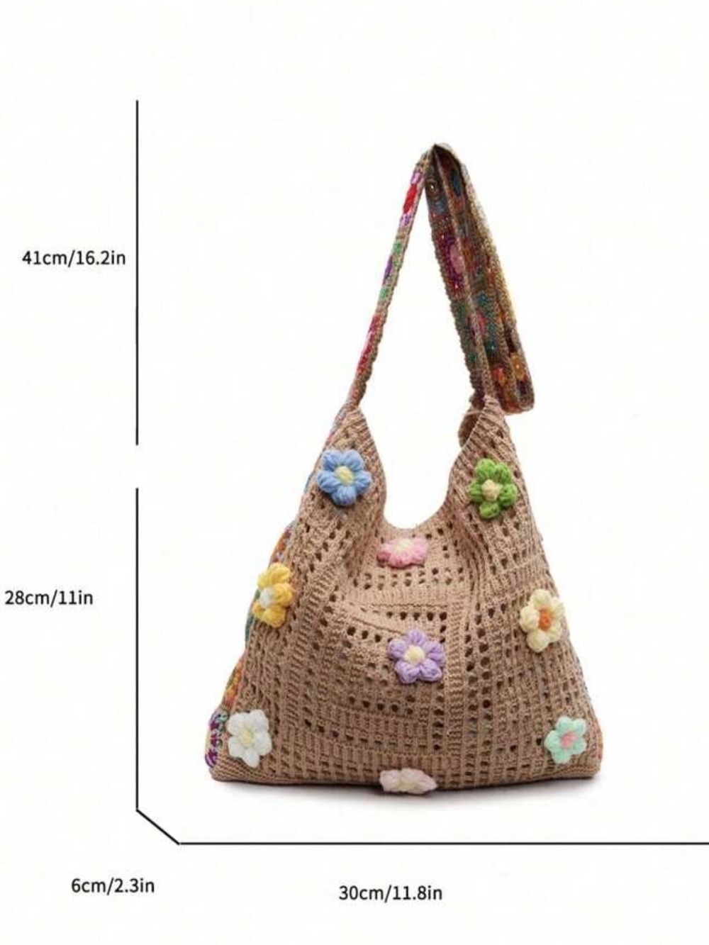 Bohemian Handmade Beige Crochet Floral Tote Bag - Picture 2 of 5